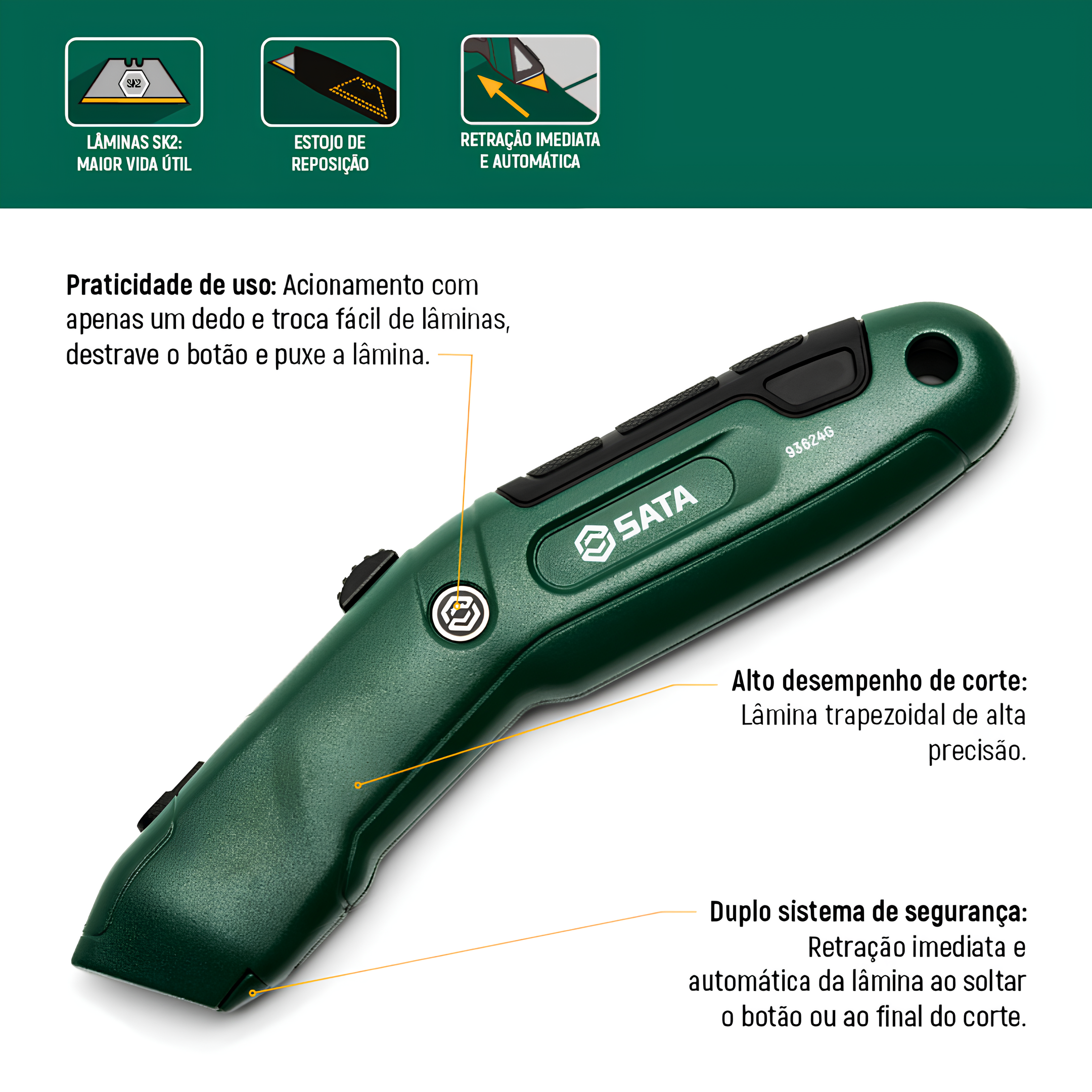 Estilete De Segurança Auto Retrátil Trapezoidal ST93624G Sata