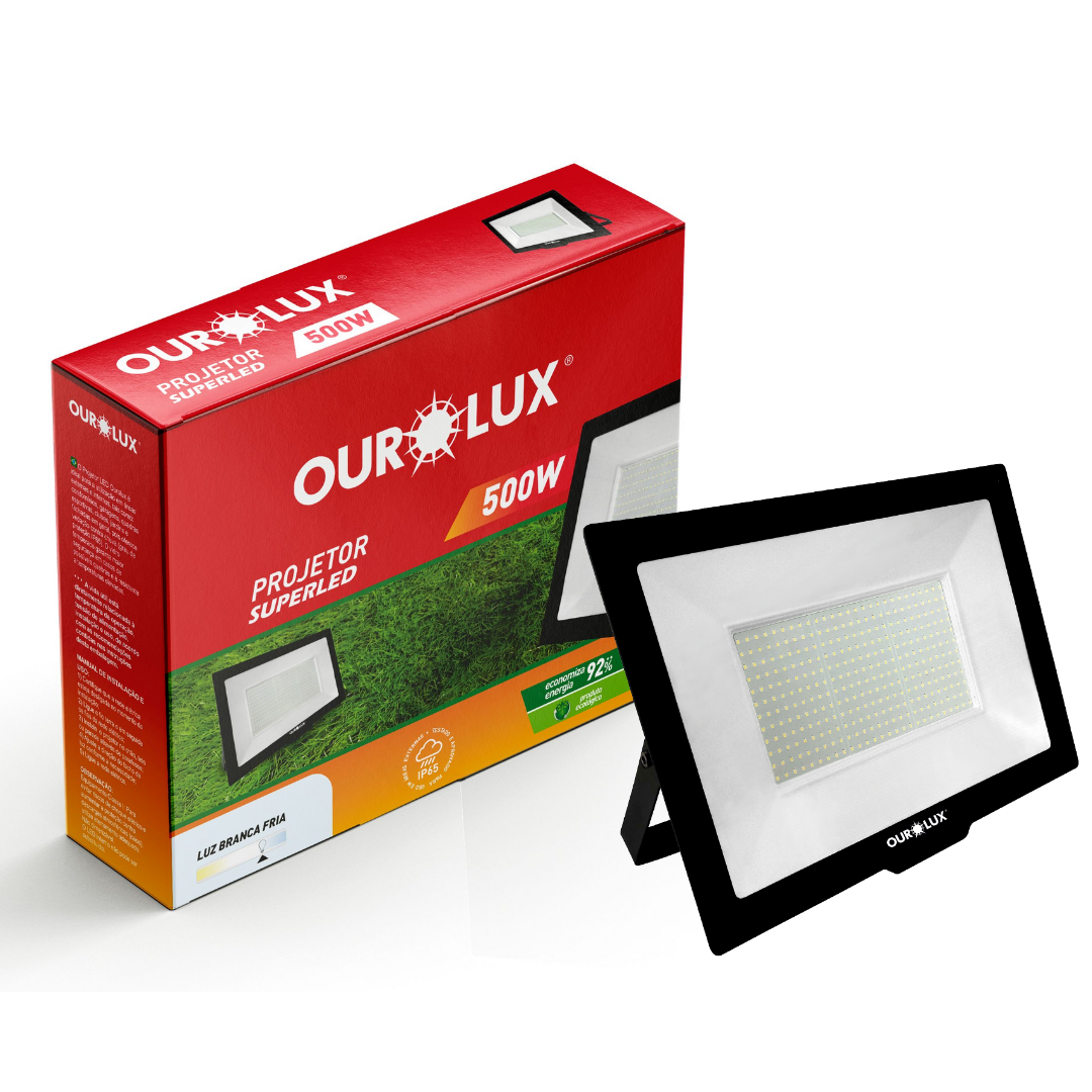 Refletor Led Retangular 500W 6500K Bivolt Irc80 Slim Ourolux