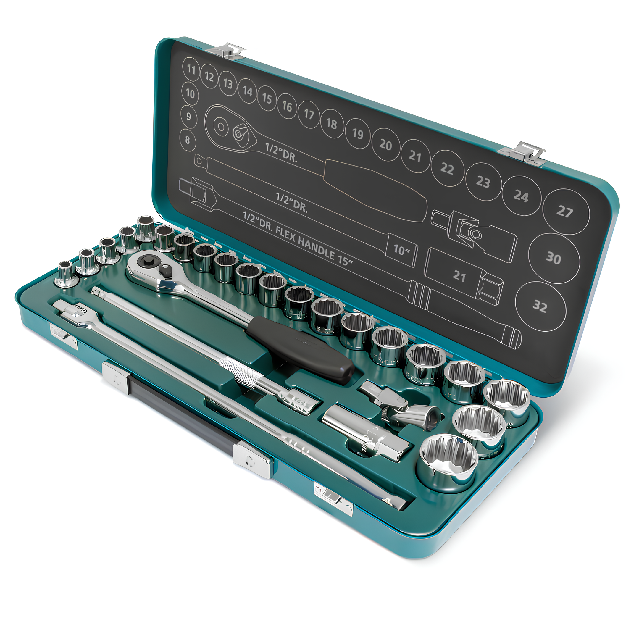 Jogo De Soquetes 25Pcs 1/2” Drive Métrico De 12 Pontos Sata