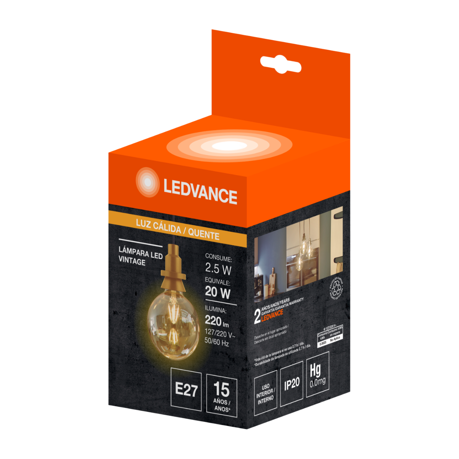 Lampada Led Filamento Globo 2,5W 2500K 220Lm E27 Ledvance