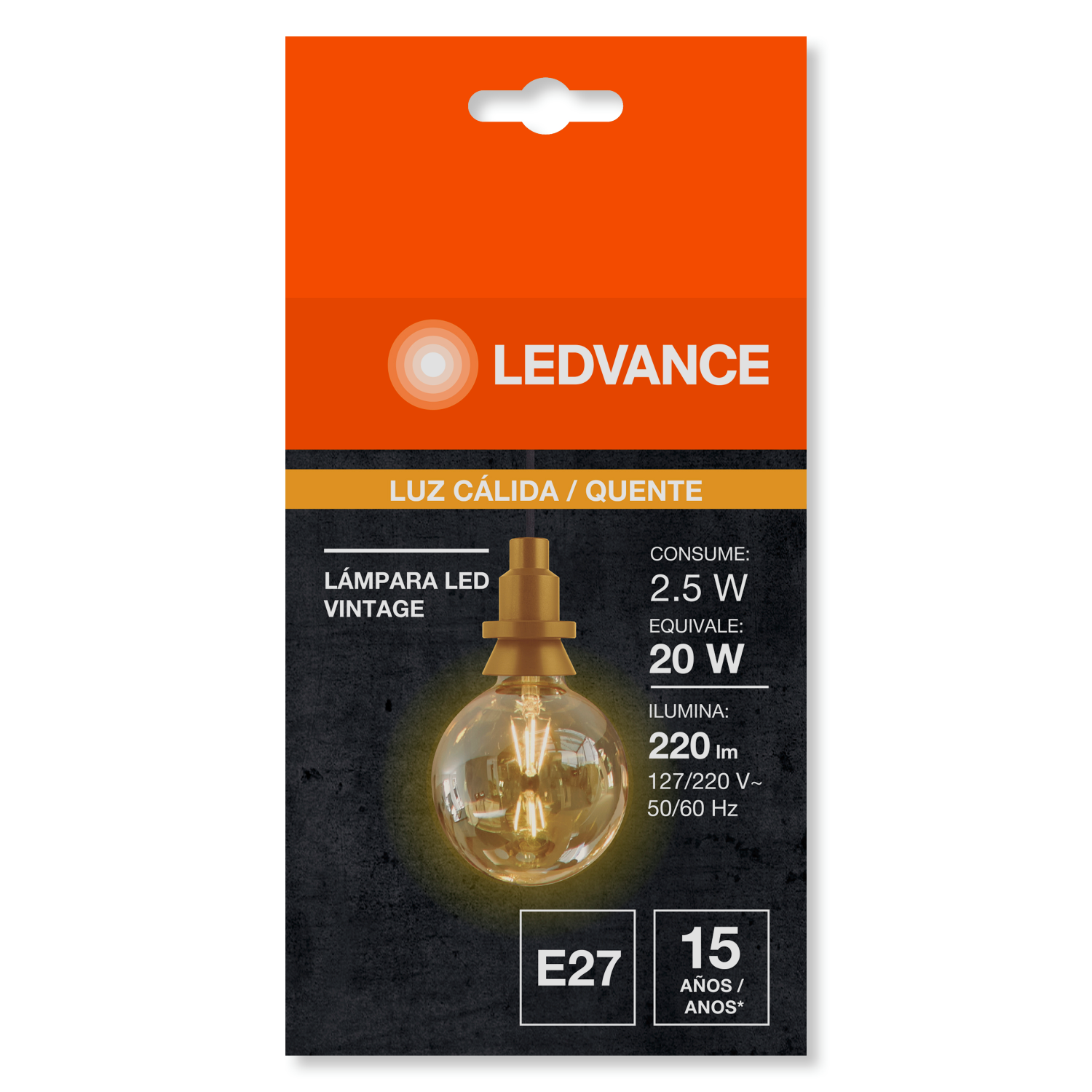 Lampada Led Filamento Globo 2,5W 2500K 220Lm E27 Ledvance