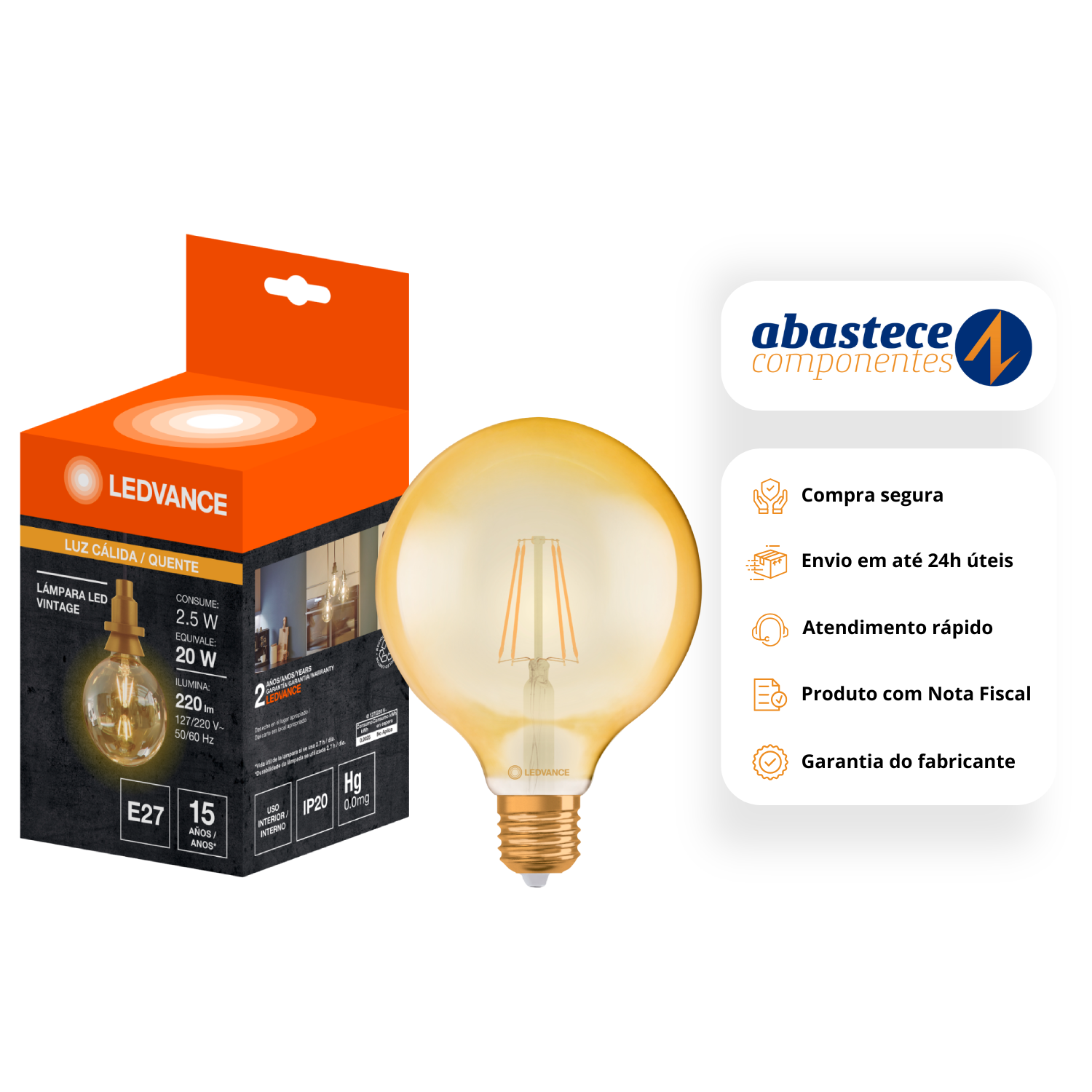 Lampada Led Filamento Globo 2,5W 2500K 220Lm E27 Ledvance