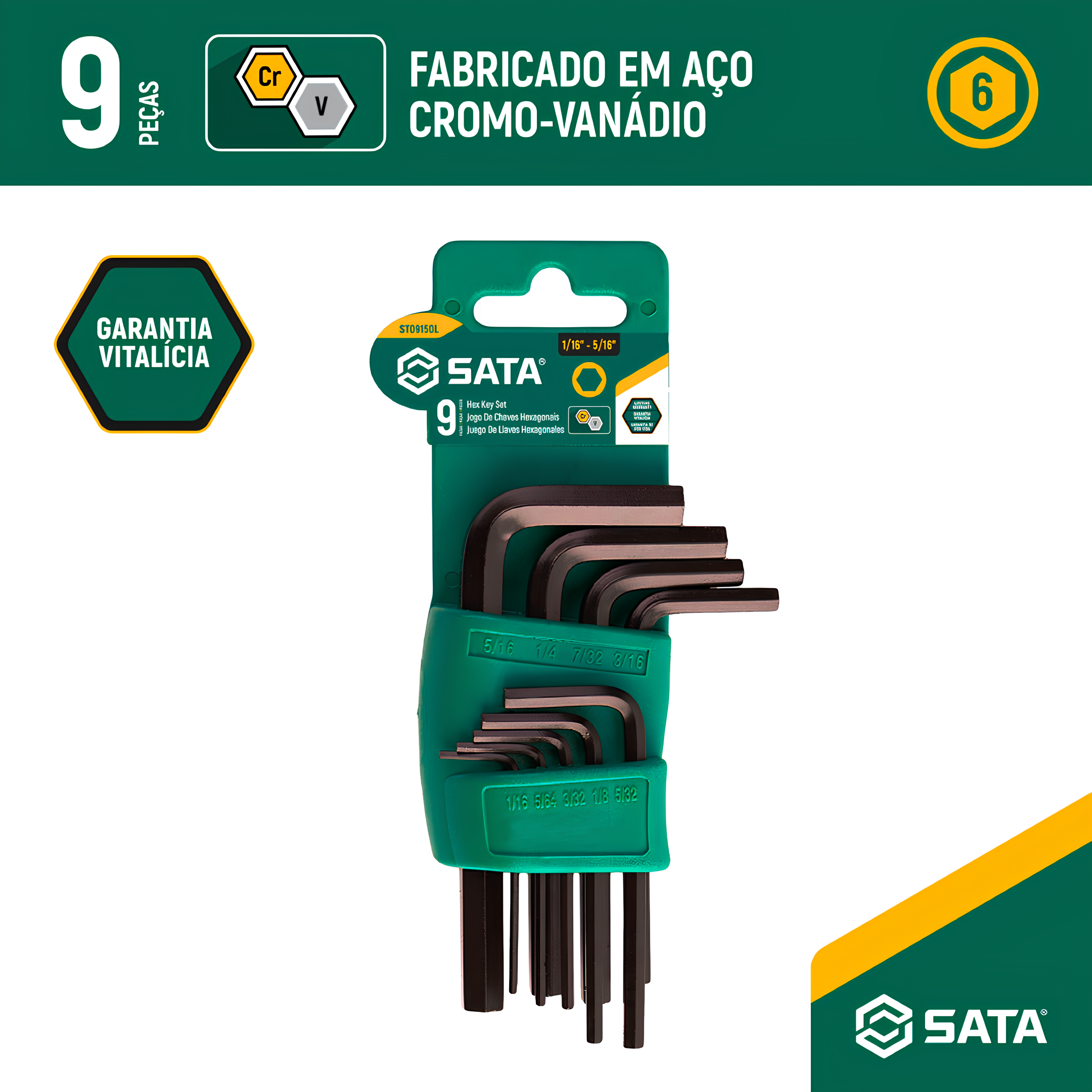 Jogo De Chave Hexagonal Curta 1/16" A 5/16" 9 Peças ST09150L Sata