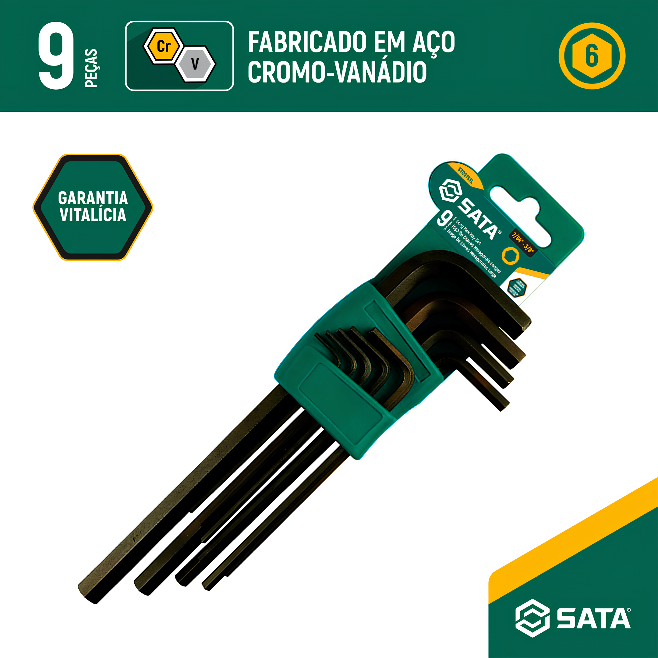 Jogo De Chave Hexagonal Longa 5/64" A 3/8" 9 Peças ST09153L Sata