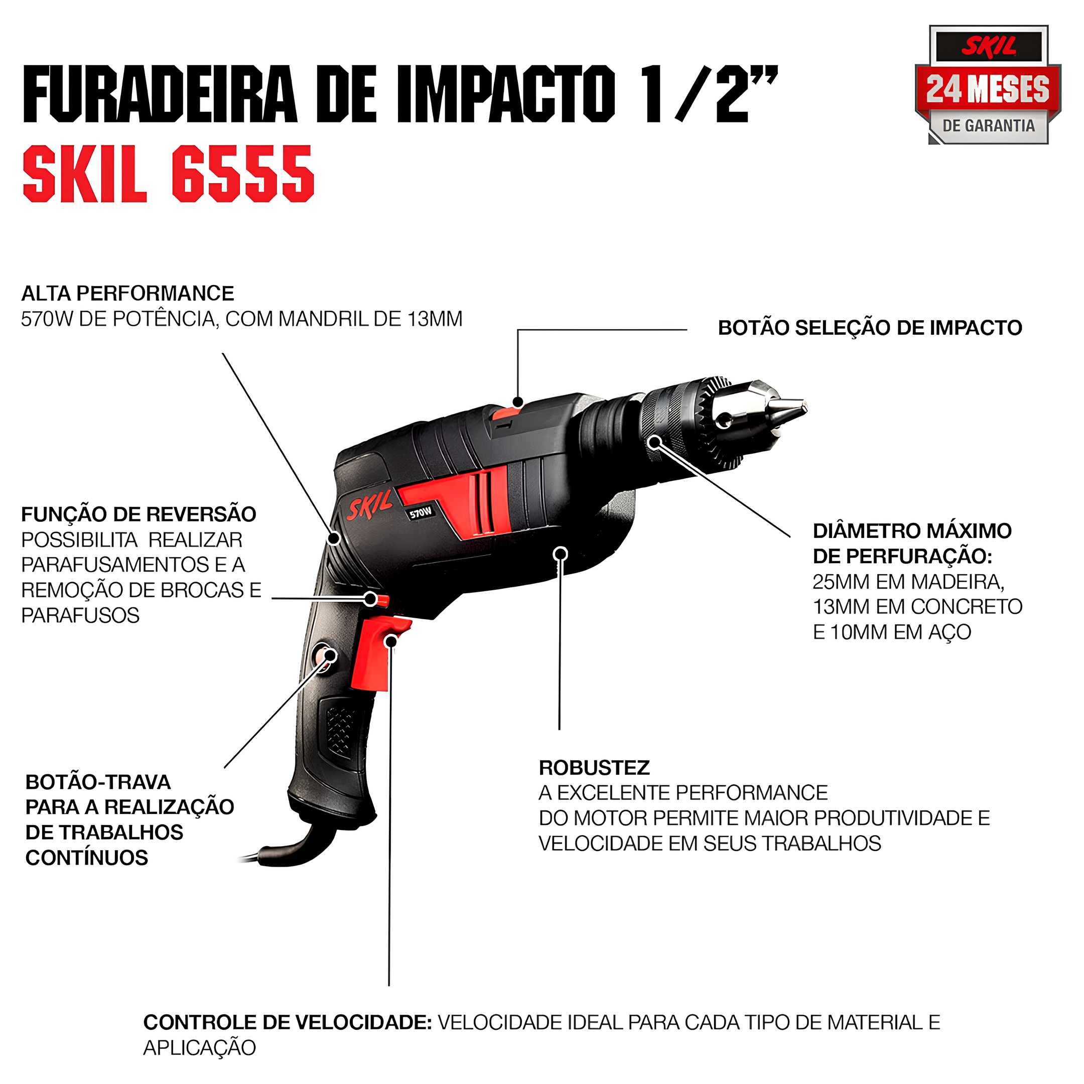 Furadeira De Impacto 1/2" 570W 220V 6555 F0126555JA000 Skil