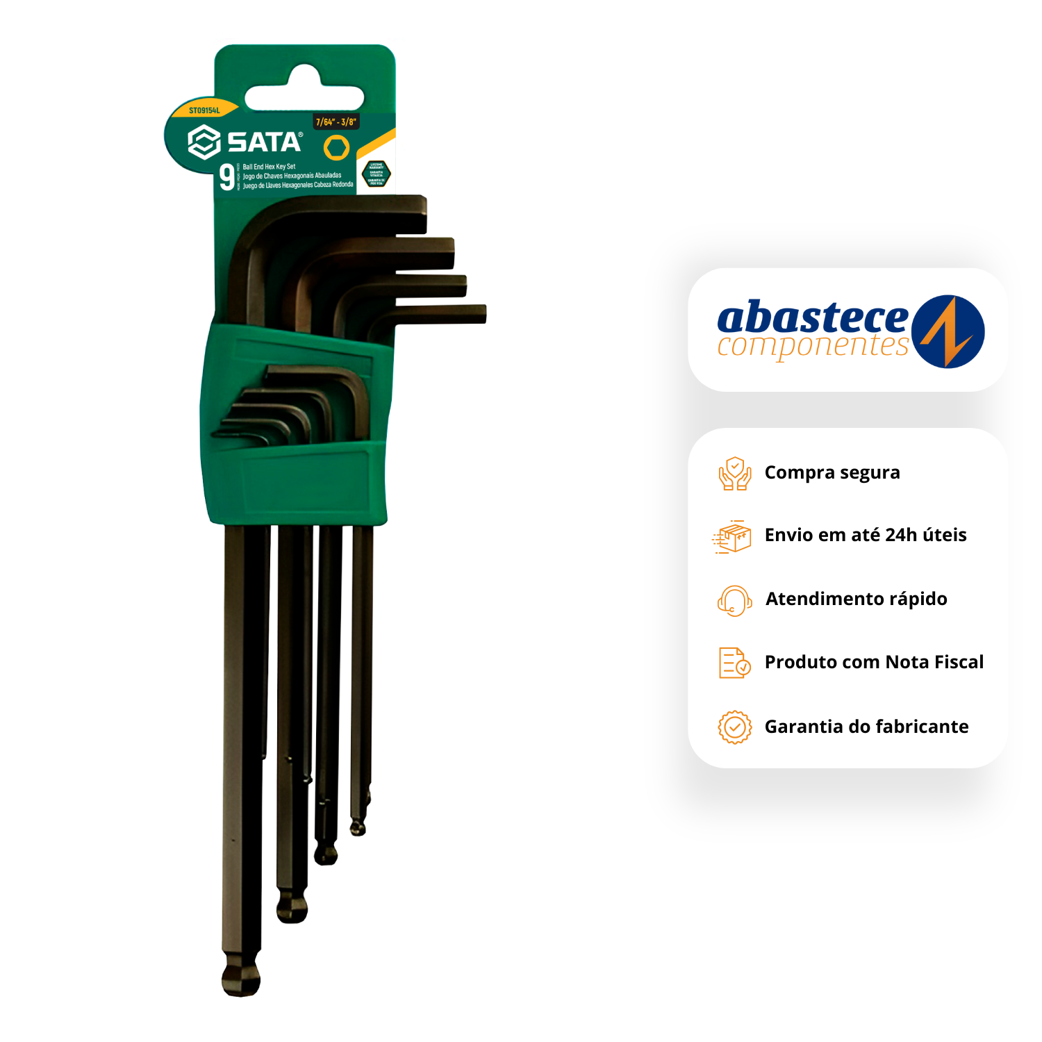 Jogo De Chave Hexagonal Abaulada 7/64" À 3/8" 9 Peças ST09154L Sata