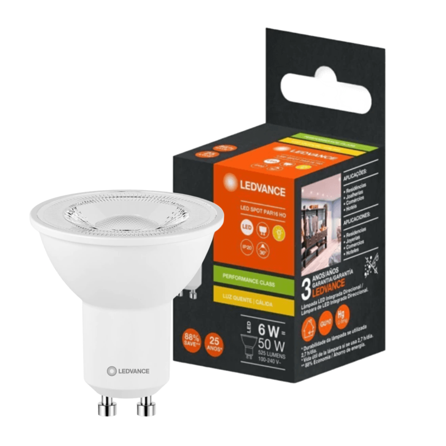 Lampada Led Dicroica Par16 6W 3000K 525Lm Bivolt Ledvance