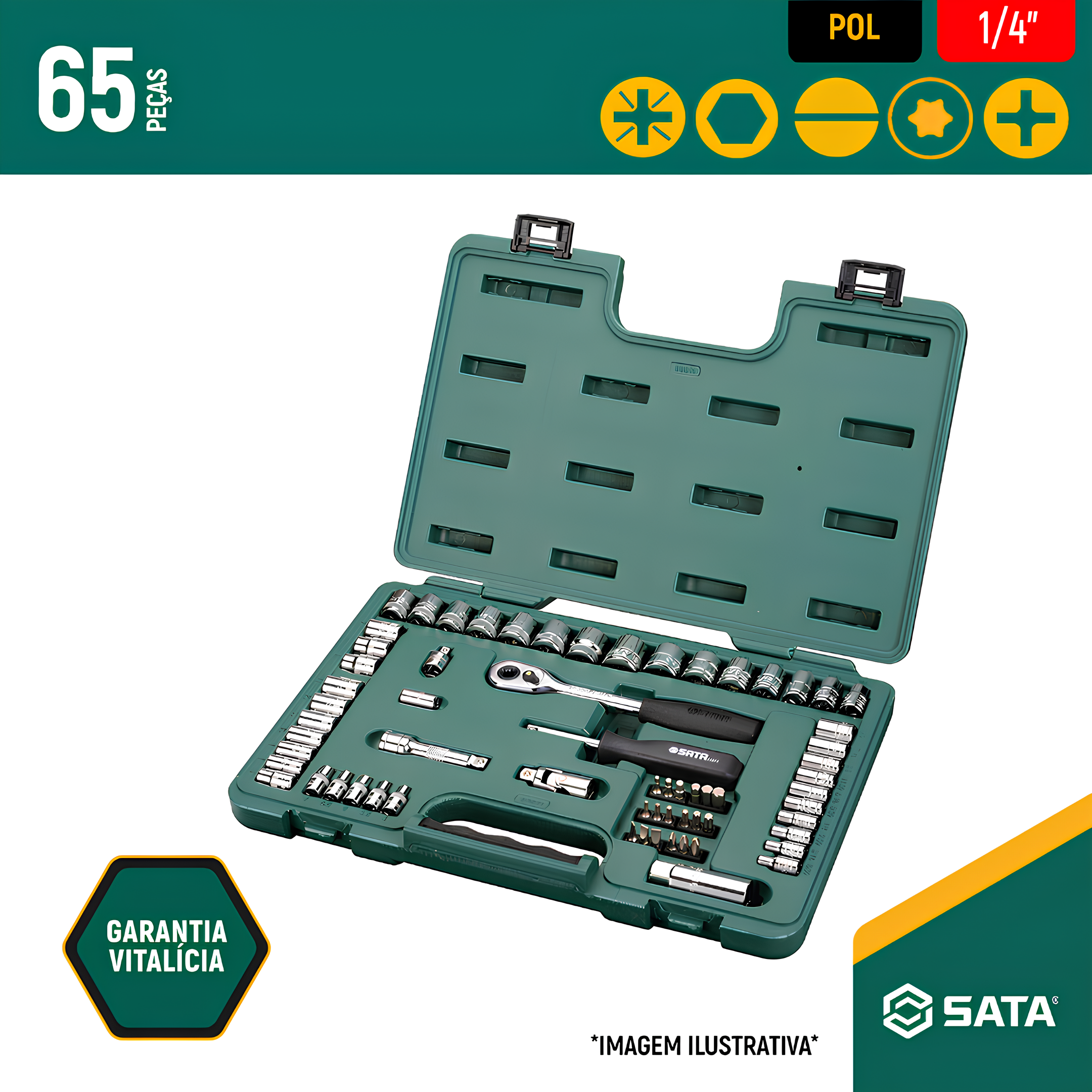 Jogo Soquete Sextavado De 1/4" E 3/8" Pol Com 65 Peças ST09011SJ Sata