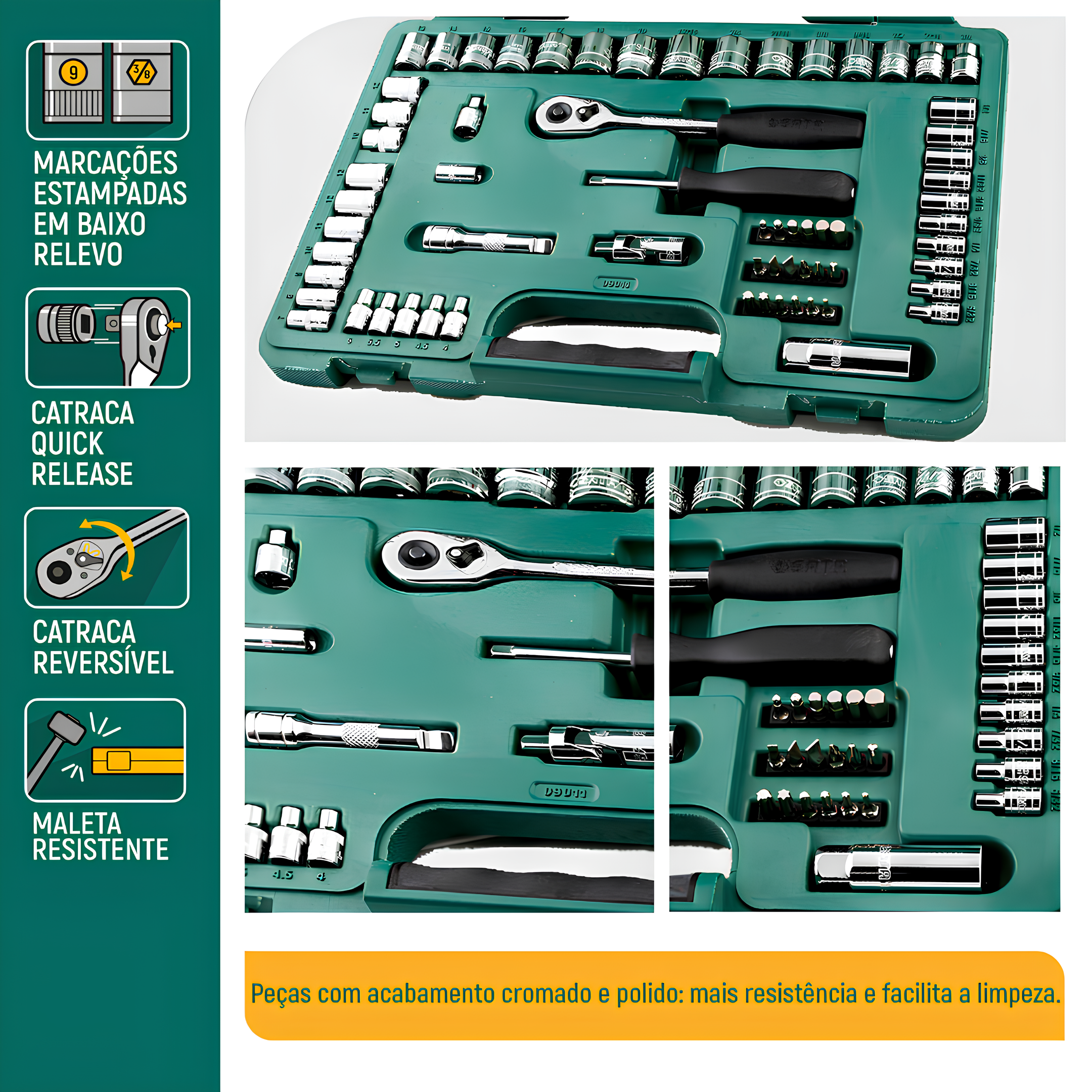 Jogo Soquete Sextavado De 1/4" E 3/8" Pol Com 65 Peças ST09011SJ Sata