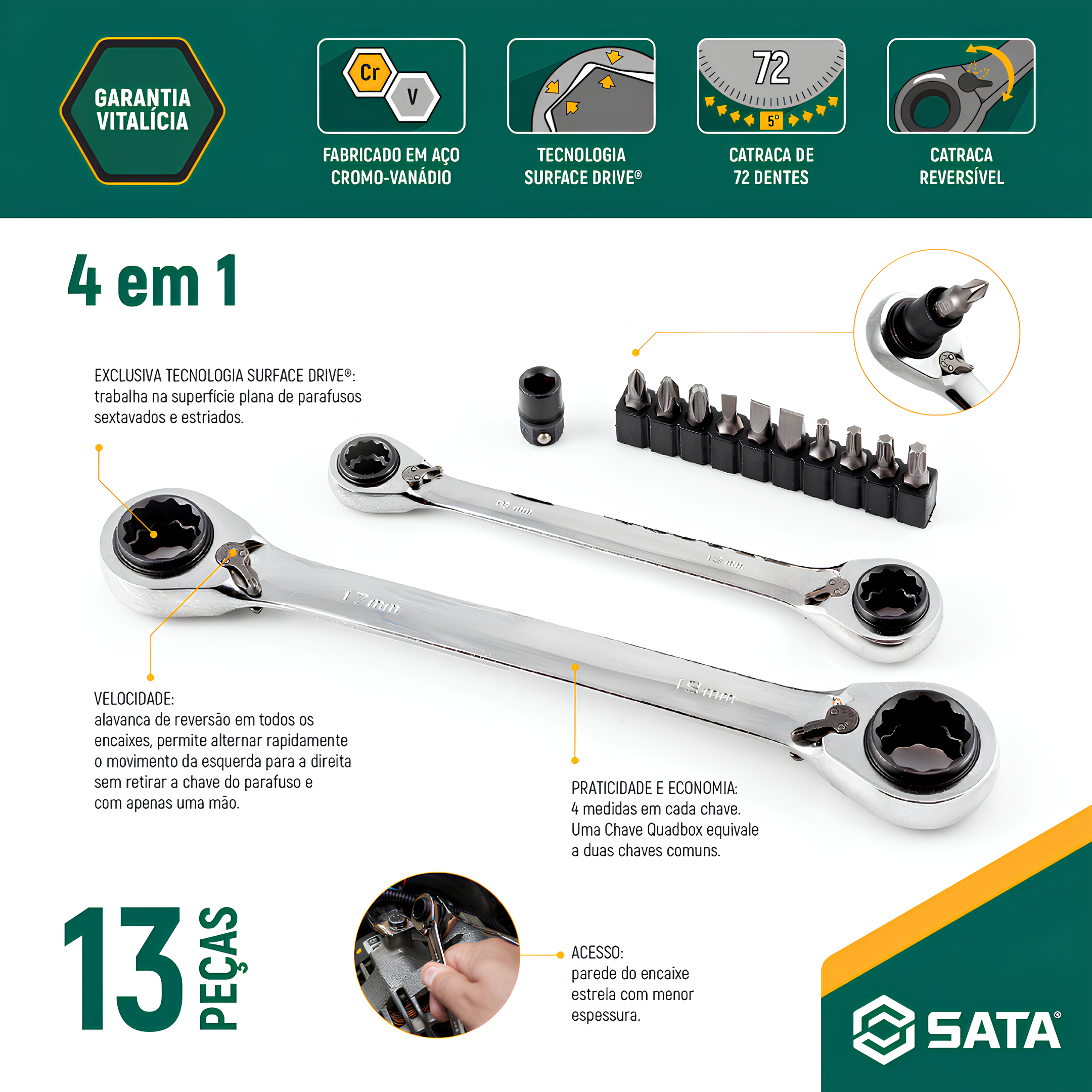 Jogo De Chave Quadbox Com Bit 8-19Mm 13 Peças ST09045G Sata