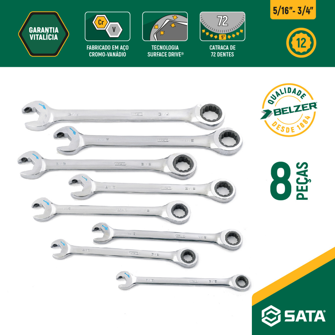 Jogo Chave Combinada Speedy Catraca 5/16 8 Pçs ST09034G Sata