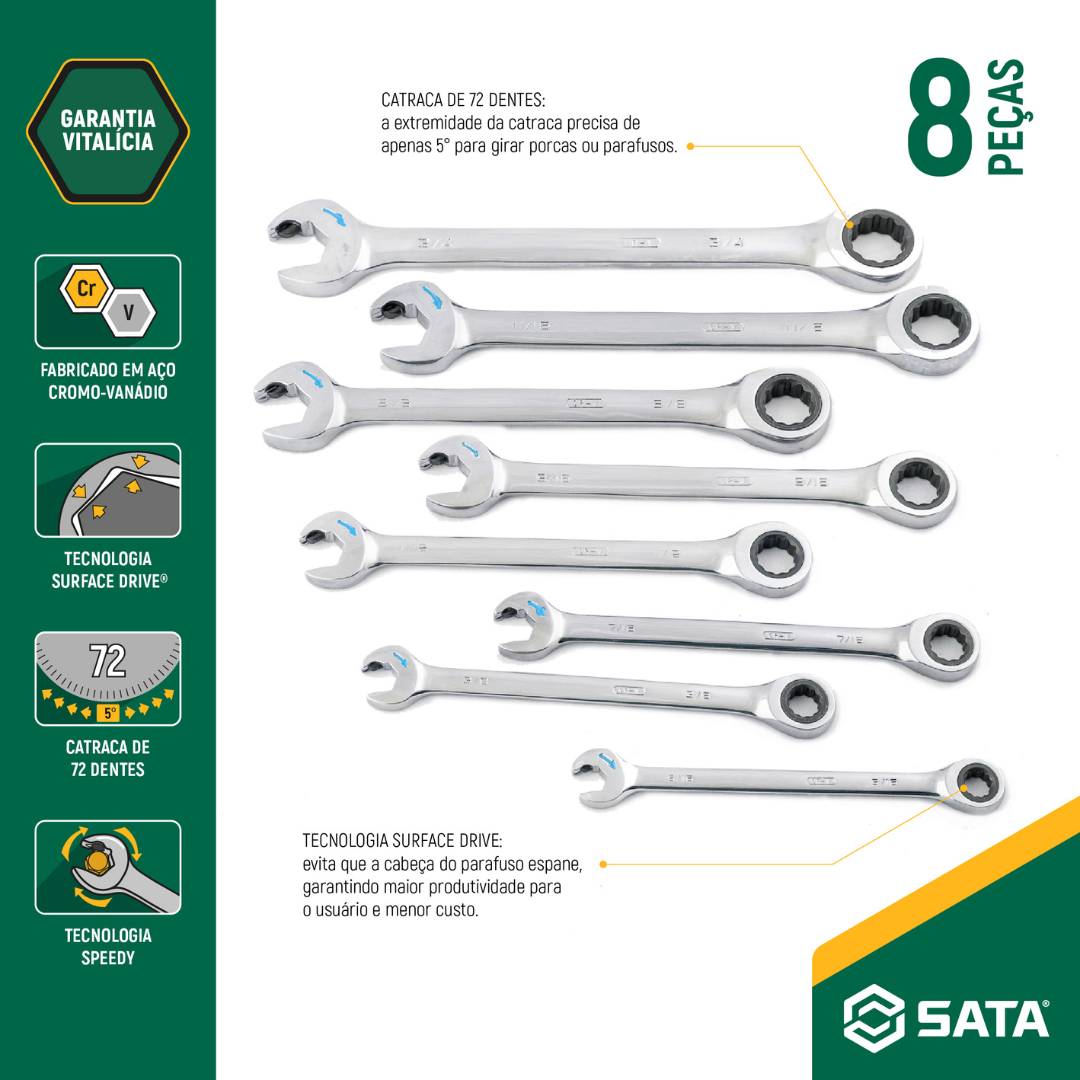 Jogo Chave Combinada Speedy Catraca 5/16 8 Pçs ST09034G Sata