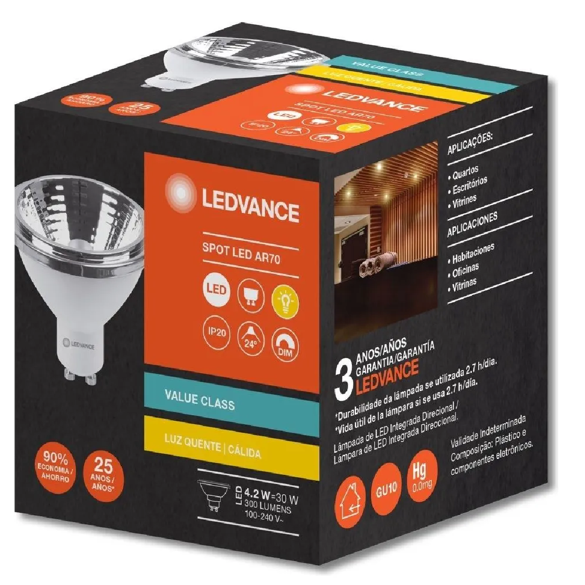 Lampada Led AR70 4,2W 3000K 300Lm Gu10 Bivolt Dim Ledvance
