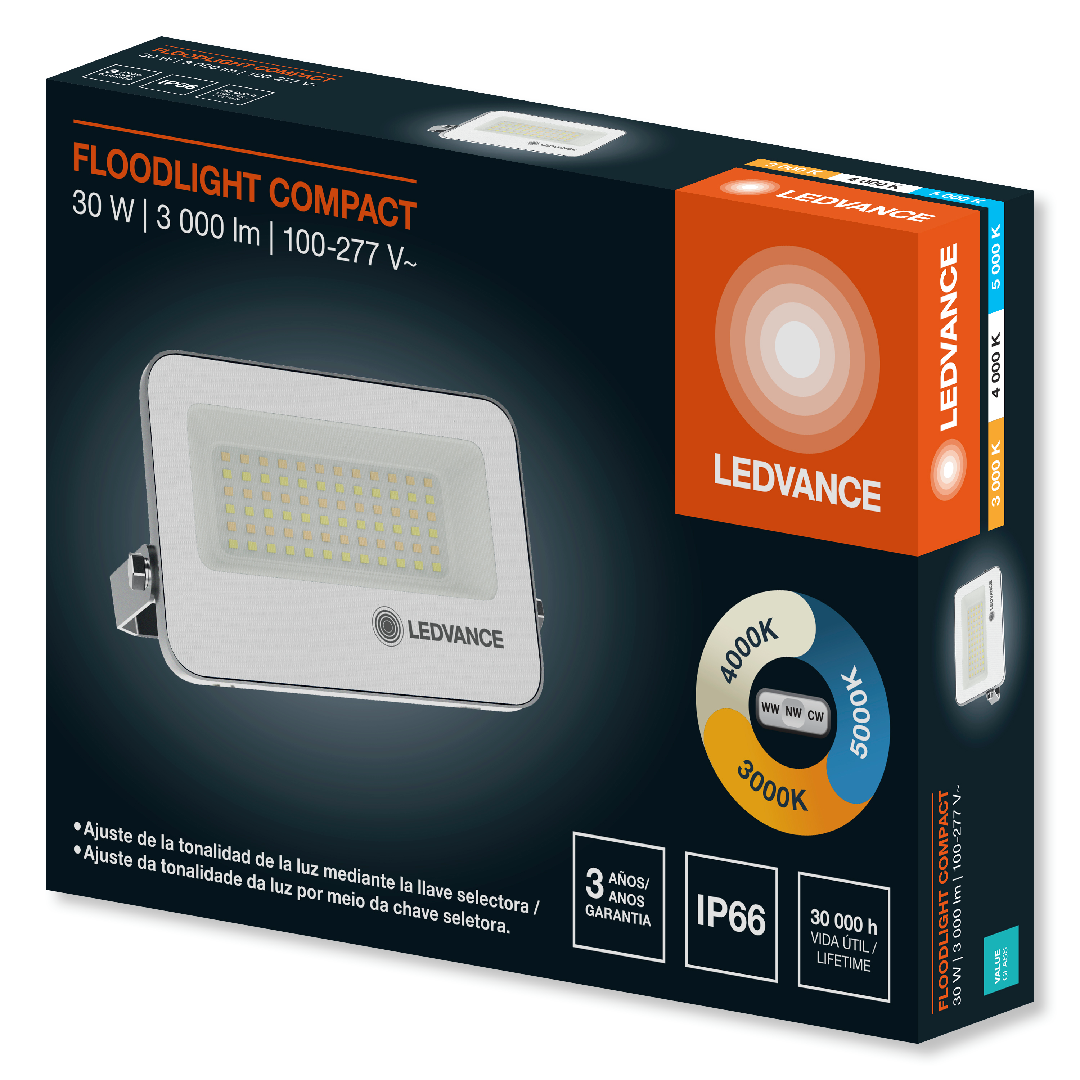 Refletor Led 30W 3CCT 3000Lm Bivolt Ip66 110° Floodlight Ledvance