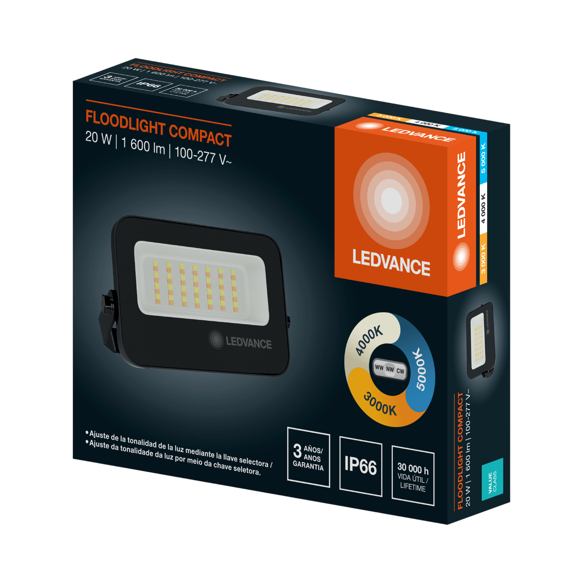 Refletor Led Retangular 20W 3CCT 1600Lm Pt Floodlight Compact Ledvance