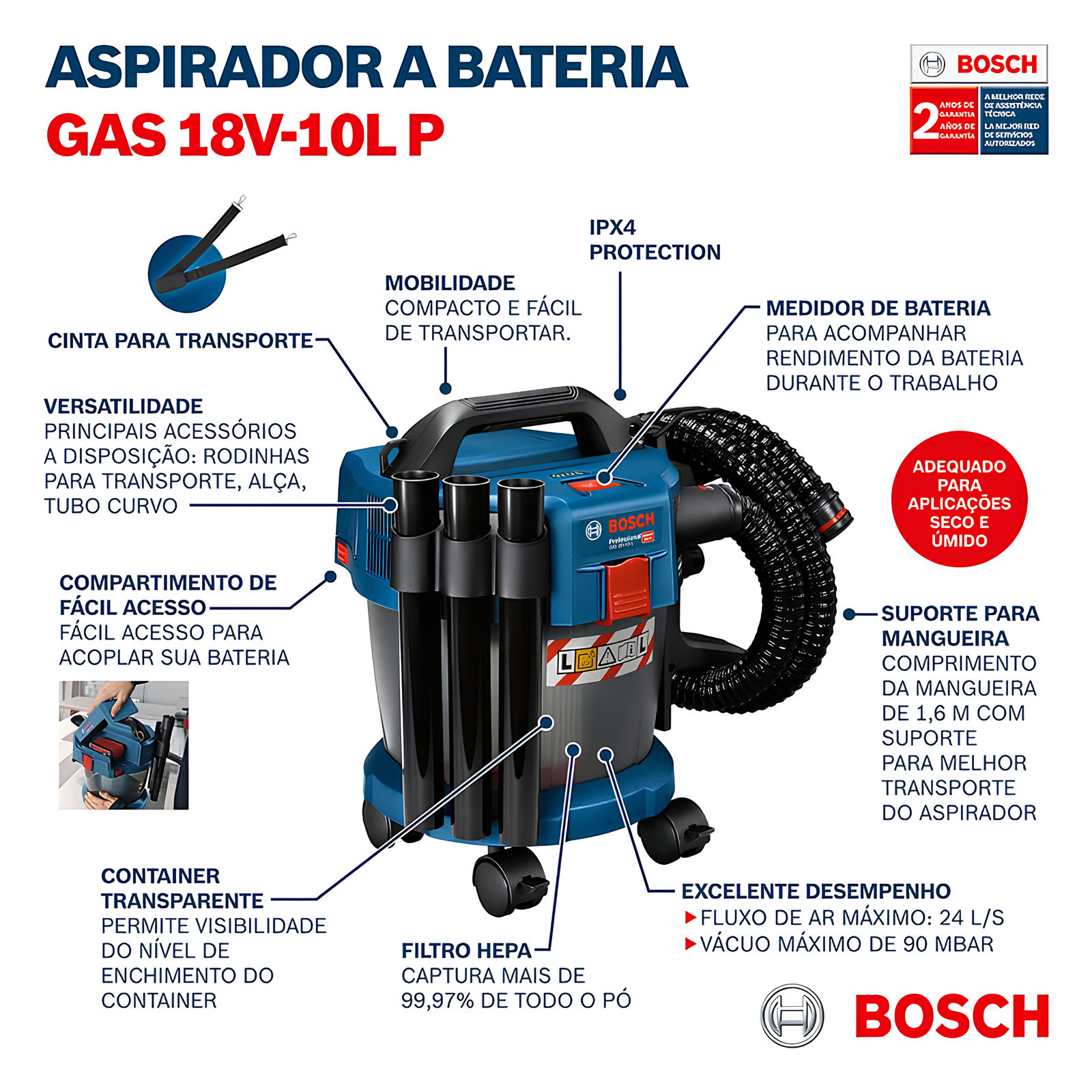 Aspirador de pó GAS 18V-10 L Premium Sem bateria Bosch