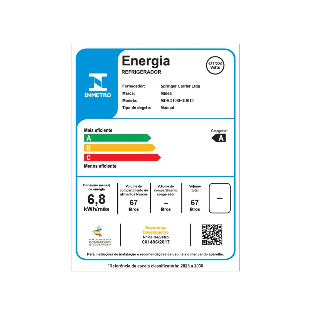 Frigobar Inverter 67 Litros Bivolt MDRD108FGD013 Midea