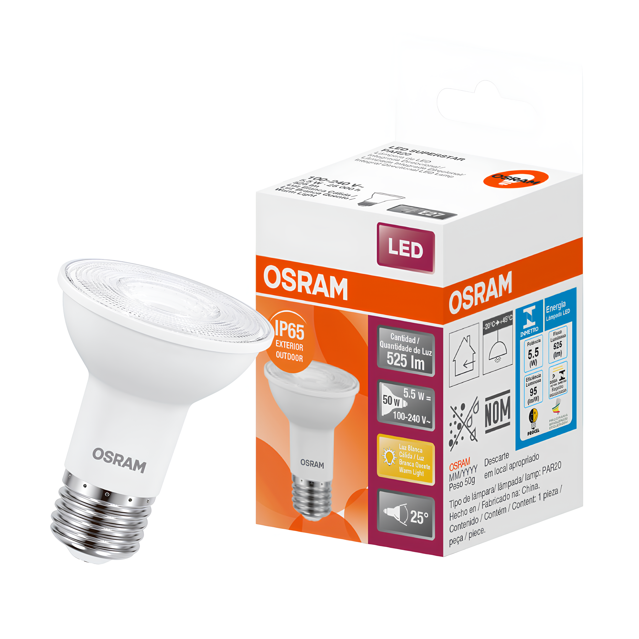 Spot Led Redondo Recuado Preto Par20 5,5W 2700K 25° Ip65 Osram