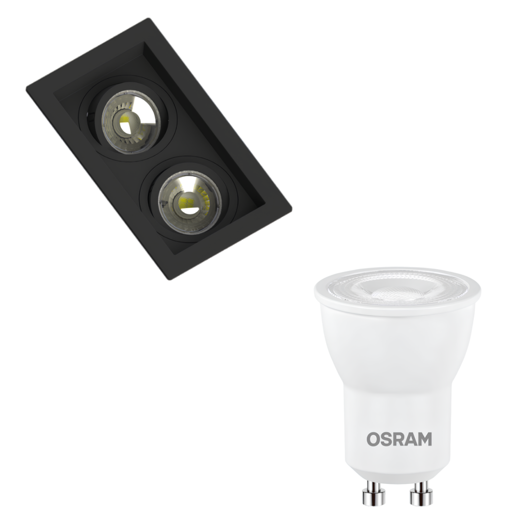 Spot Retangular Recuado Preto 2x Par16 Dim 5,5W 2700K 550Lm Osram