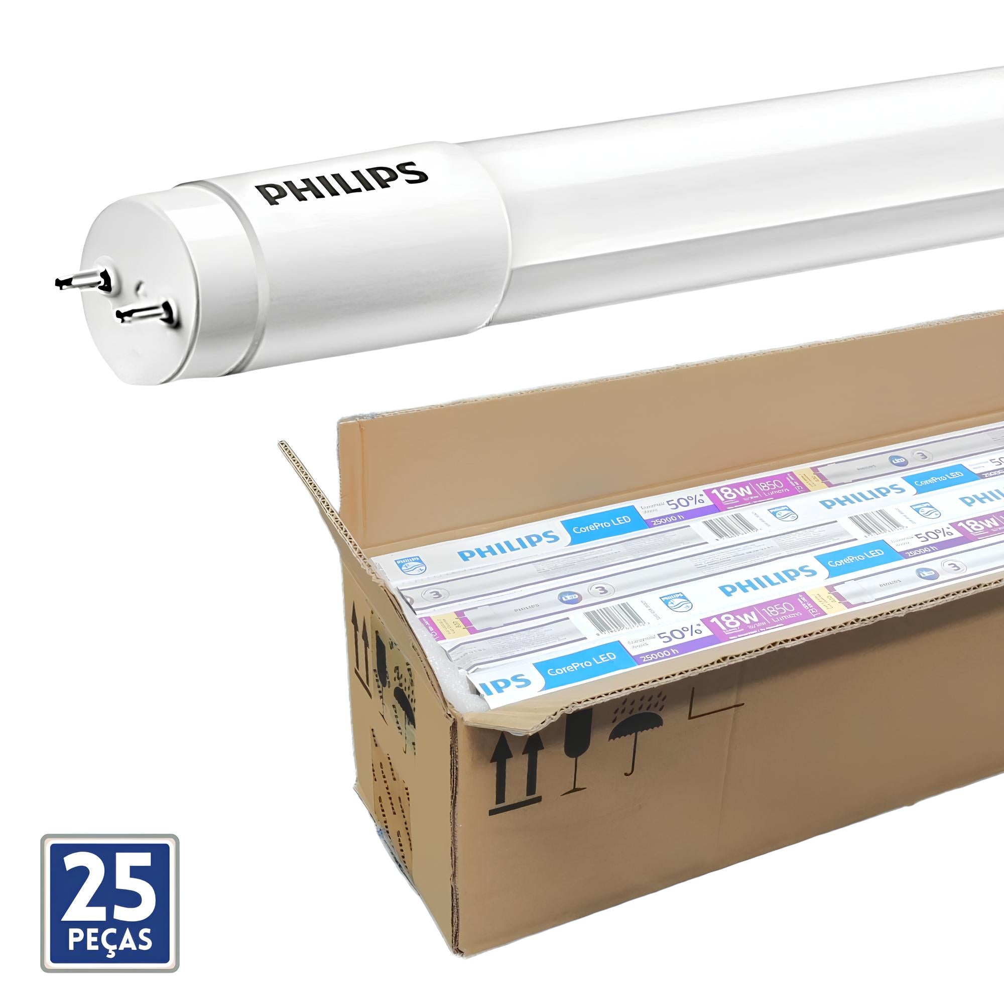 Kit 25 Lâmpadas Led Tubular 18W T8 Philips 120Cm (Caixa Fechada)