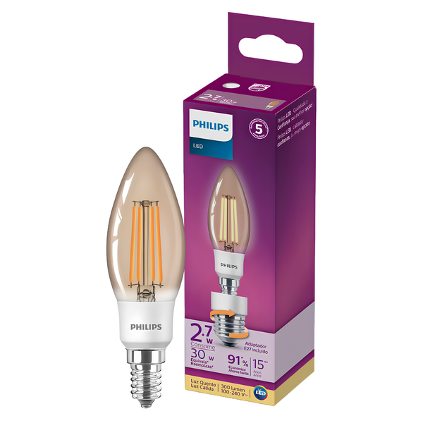 Lampada Led Vela Filamento Retro 2,7W 2500K 300Lm 280° Bivolt E14+