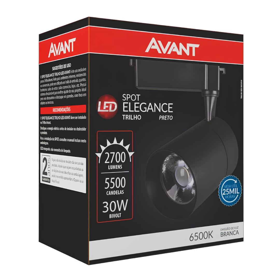 SPOT TRILHO LED ELEGANCE PRETO 30W 6500K BIVOLT AVANT