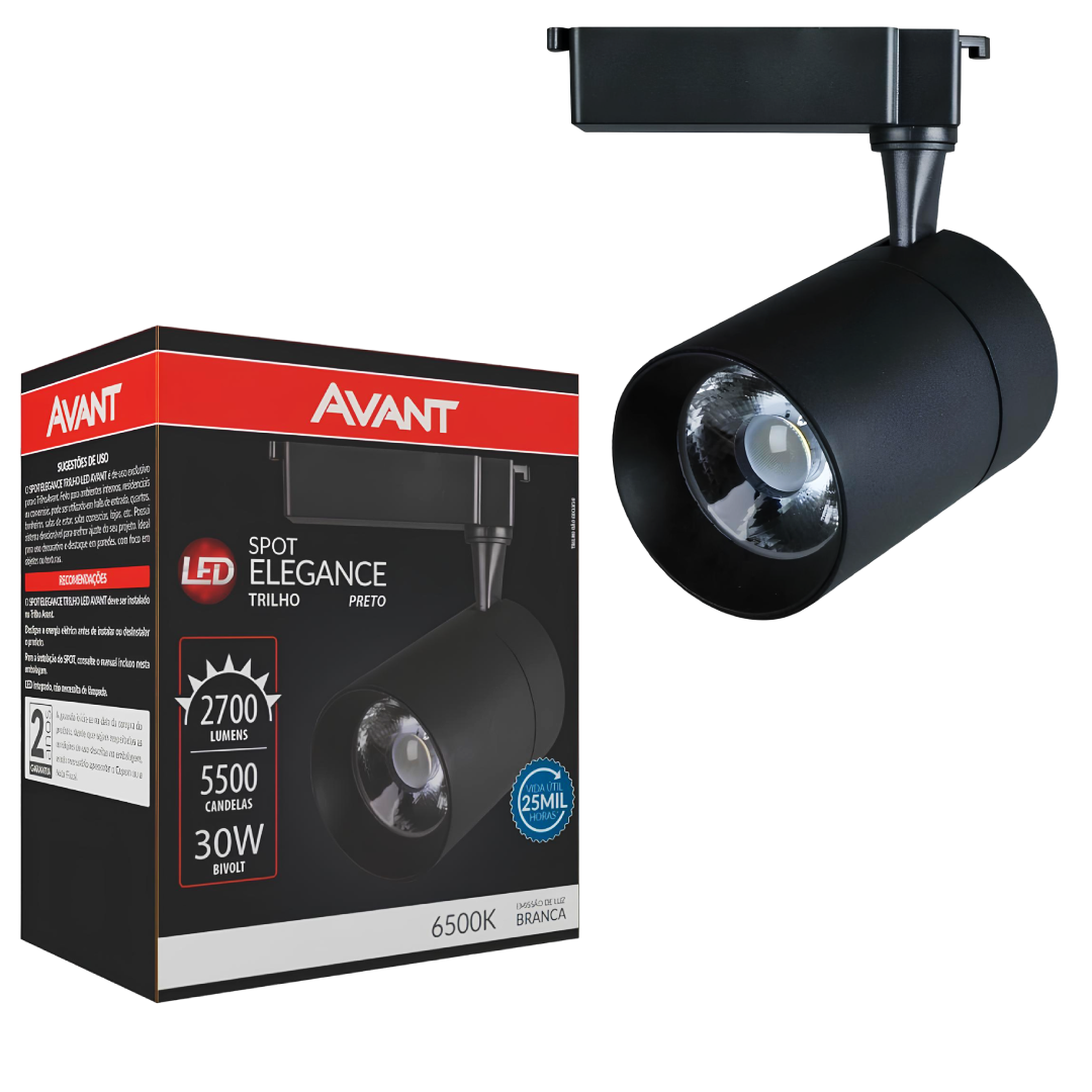 SPOT TRILHO LED ELEGANCE PRETO 30W 3000K BIVOLT AVANT