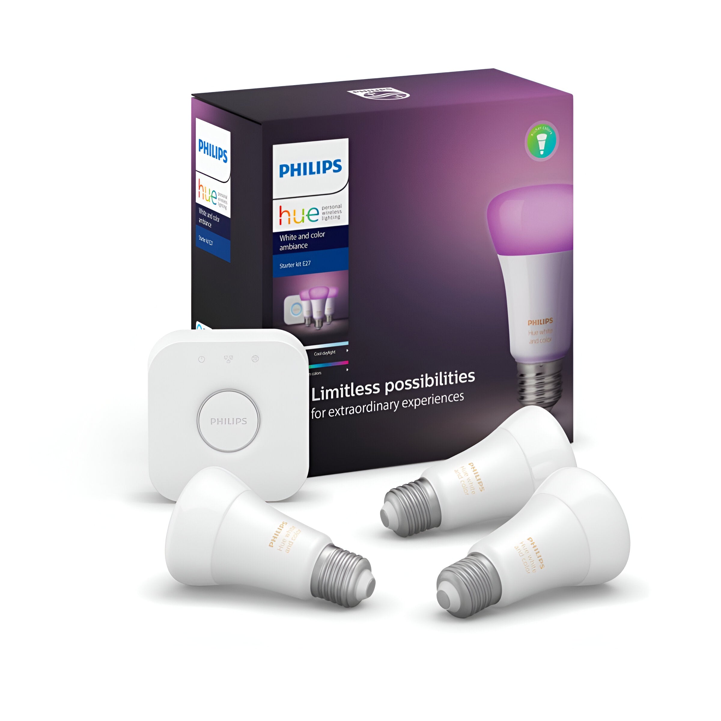 Philips Hue Starter Kit com 3 Lâmpadas 9W E27 + Hue Bridge Hub