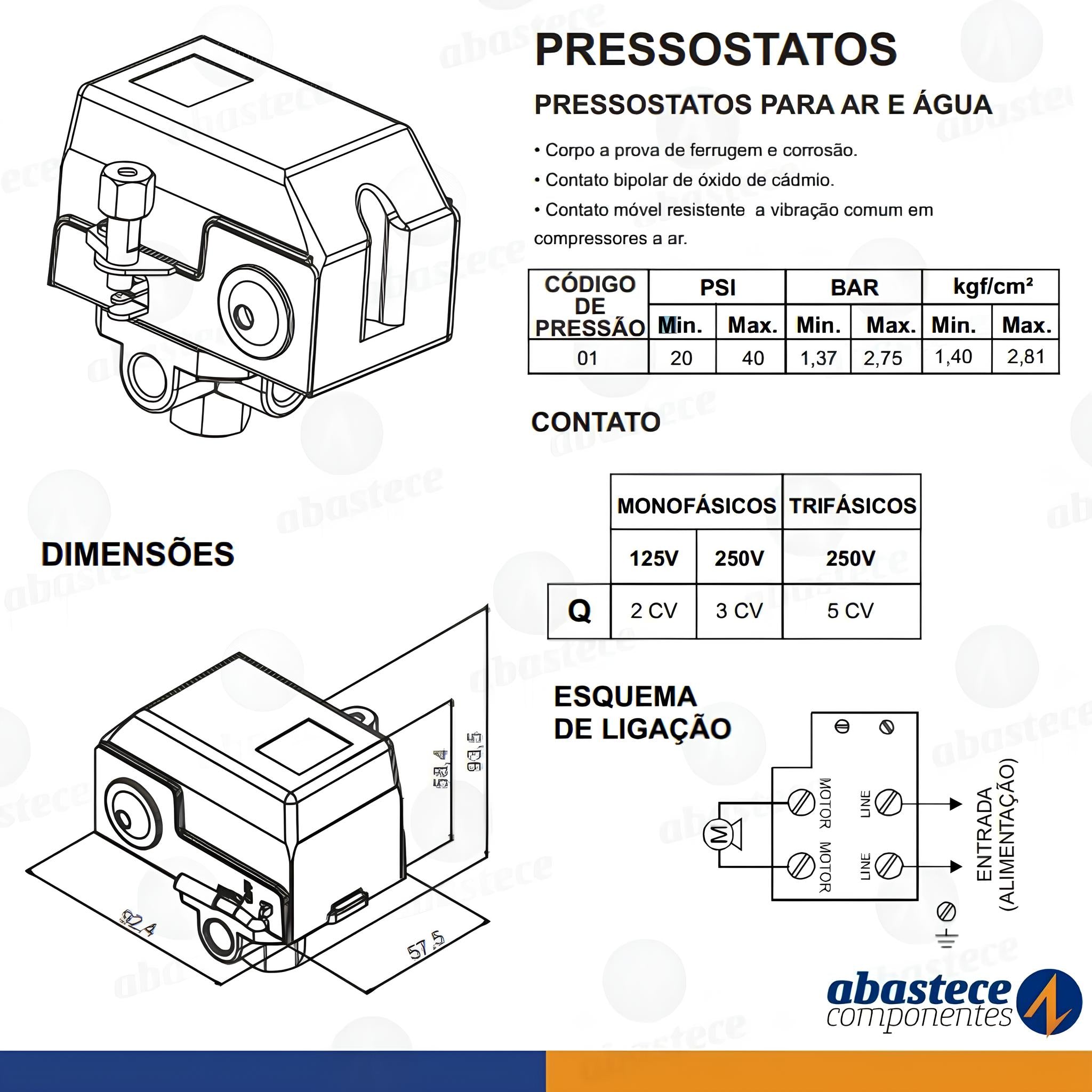 Pressostato Ar E Água 20/40 Psi - Margirius