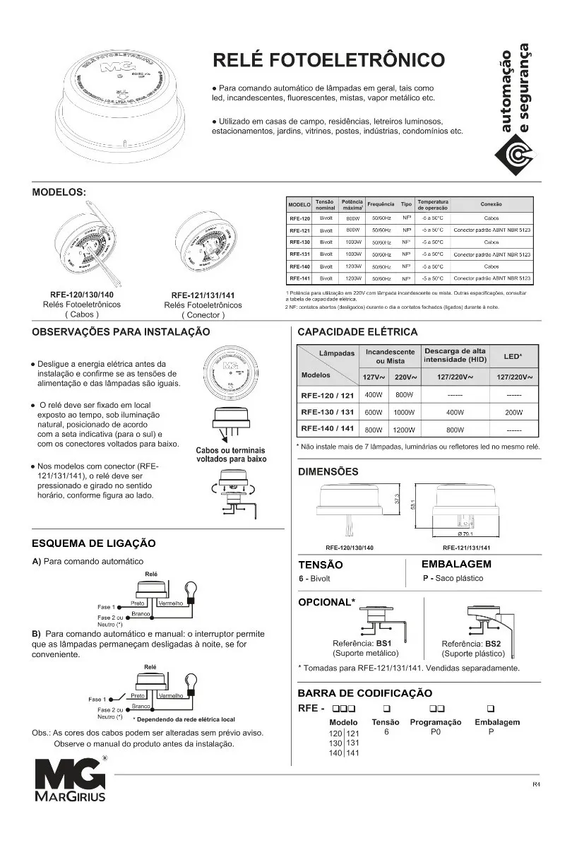 Relé Fotocélula Fotoelétrico 1000w Bivolt Rfe-131 Margirius