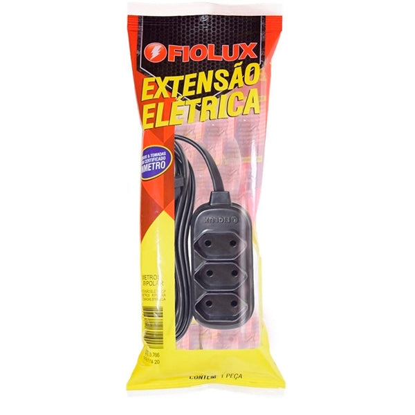 Extensão Elétrica Bipolar Preta 3 Metros 3 Tomadas 10A Fiolux