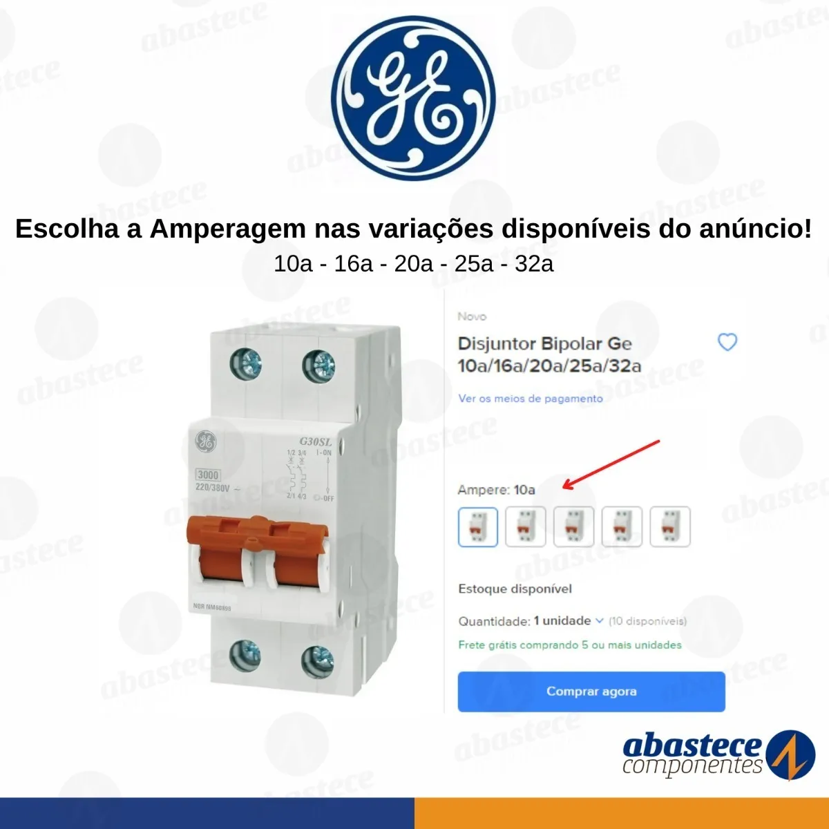 Disjuntor Bipolar Curva C Din 10A, 16A, 20A, 25A e 32A Ge