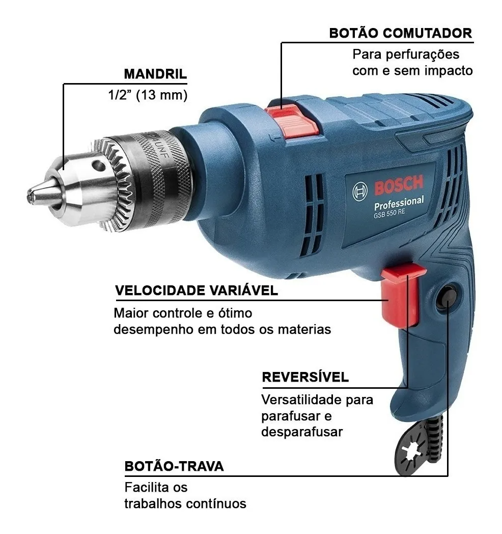 Furadeira De Impacto 1/2'' 550w 220v Gsb 550re Bosch