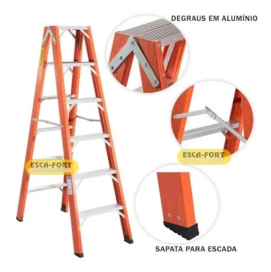 Escada De Fibra 6 Degraus Duplo Acesso 1,80 Metros Escafort
