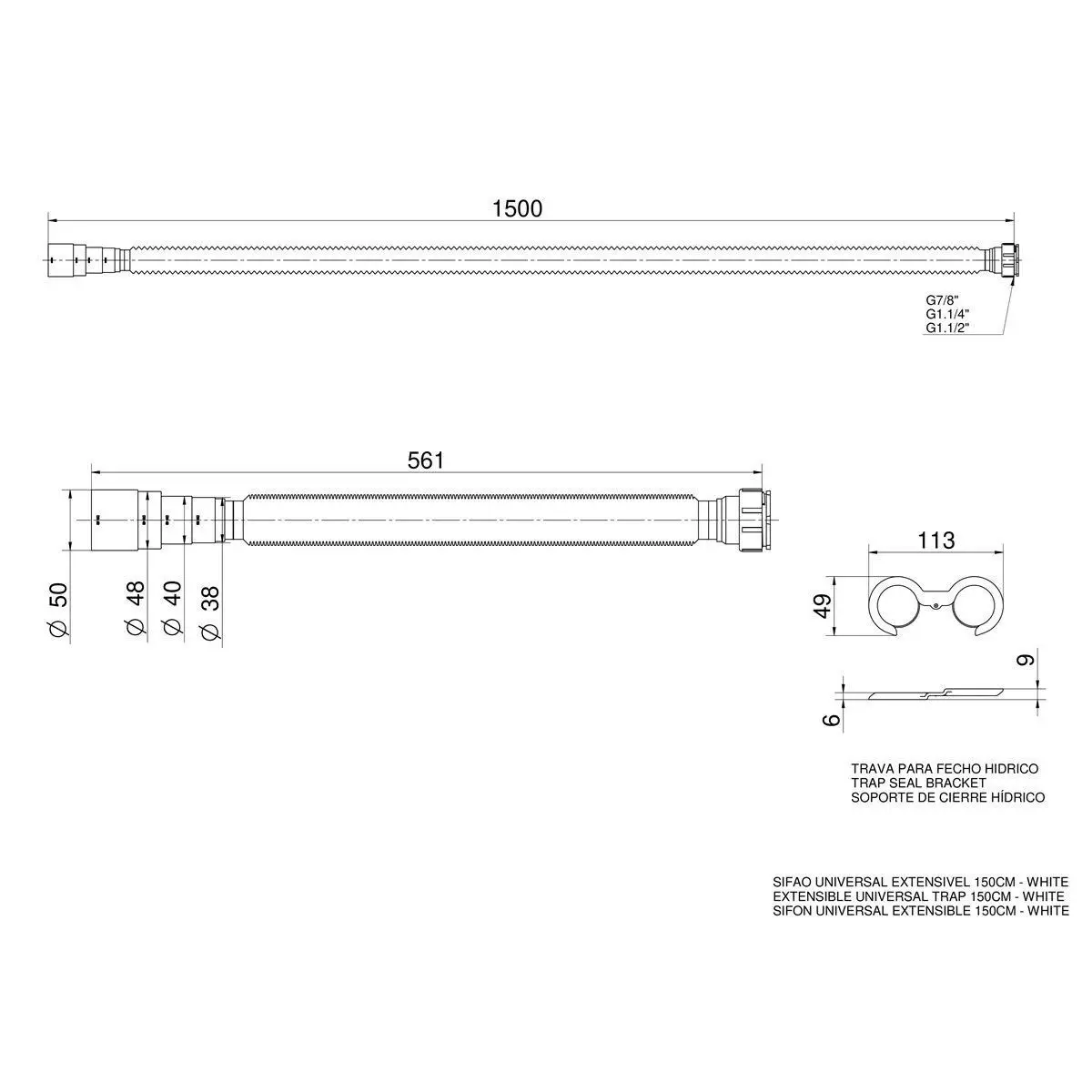 Sifão Extensível Universal 150cm Branco 00796626 Docol