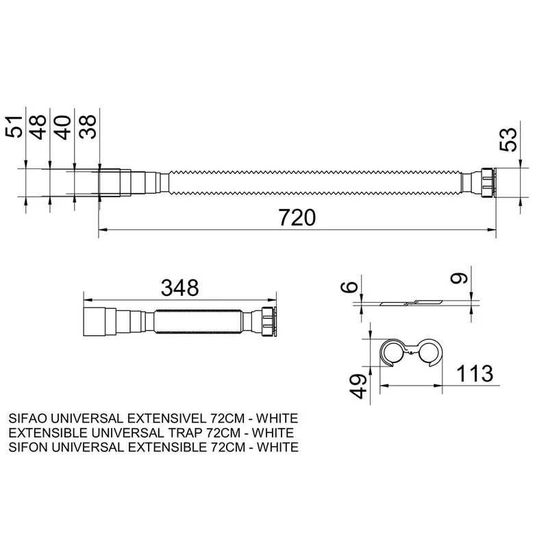 Sifão Extensível Universal 72cm Branco 00796526 Docol