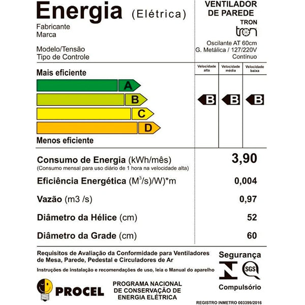 Ventilador De Parede Tron 60cm Oscilante 140w Aço Preto