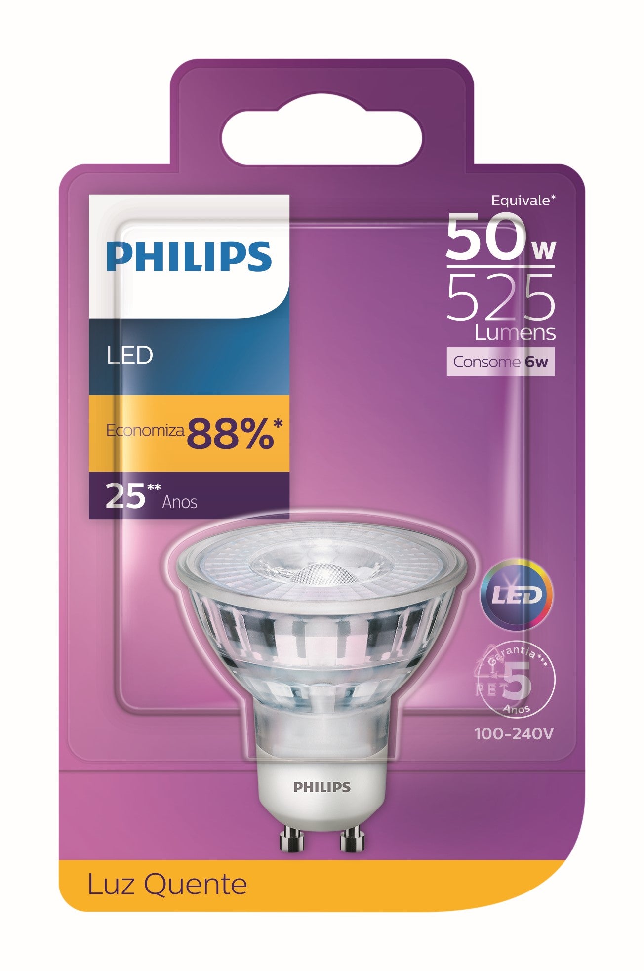 Lampada Led Dicroica 6w 525lm Gu10 Bivolt Philips Branco Quente 2700k